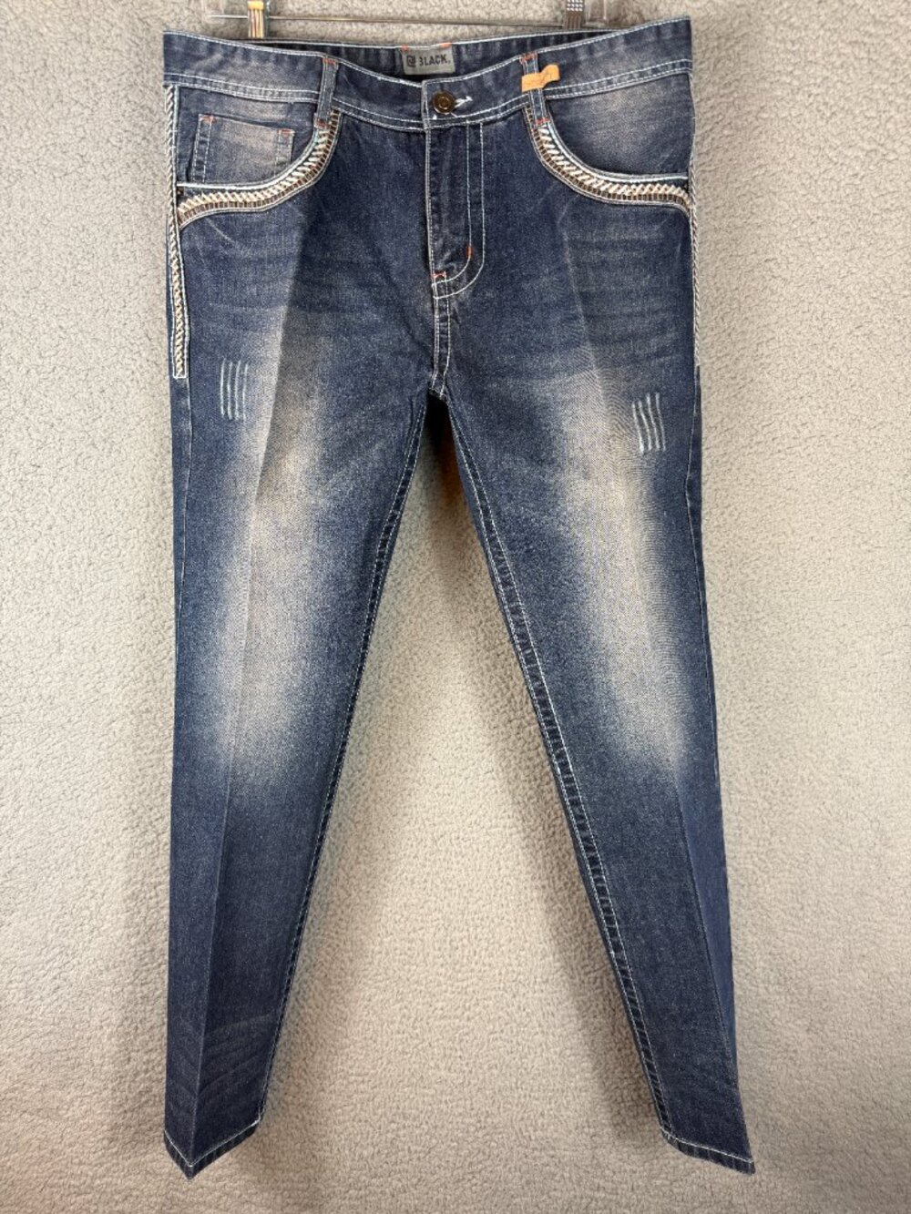 BKE Black Relaxed Straight Jeans Mens 35x32 Distressed Embroidered Pockets